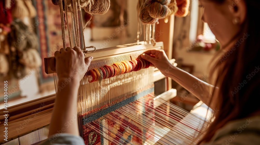 Obraz premium Tapestry weaver beating down a new weft row with a toothed beater comb on a vertical loom. Concept of tapestry weaving technique.