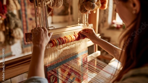 Tapestry weaver beating down a new weft row with a toothed beater comb on a vertical loom. Concept of tapestry weaving technique.
