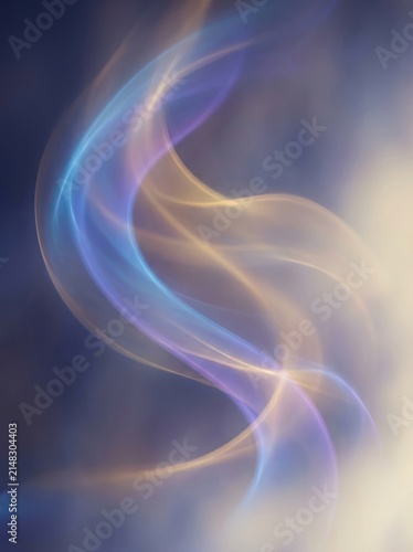 A vibrant, abstract image showcases flowing, luminous ribbons of light. The light forms a swirling, dynamic pattern, blending shades of blue, purple, gold, and white.