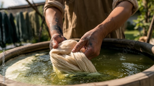Dyer lowering yarn into a dark indigo vat and watching the color change. Concept of indigo yarn dyeing.