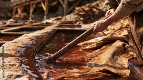 Traditional tanner pushing a cattle hide below a dark bark tanning solution in a stone pit. Concept of vegetable tanning.
