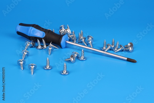 Screwdriver with an insulated handle for installing equipment. Soft focus. Close-up. Macro. 