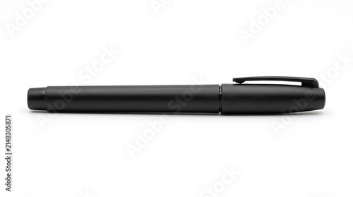 Matte black marker pen with cap and pocket clip lying horizontally, isolated on white with copy space