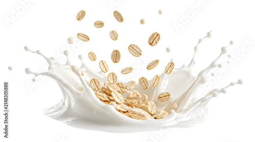 Flying oats with milk splash isolated on transparent background
