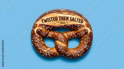 Large gourmet salted pretzel with 'Twisted Then Salted' text on a vibrant blue background, conceptual food photography