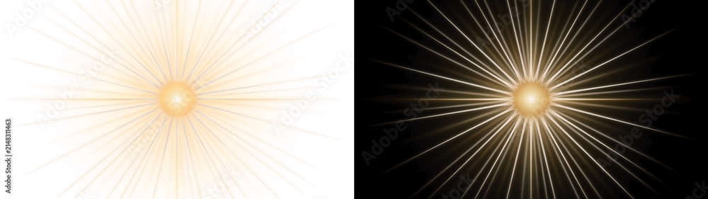 Obraz premium Golden radial sunburst with long luminous rays, on transparent background