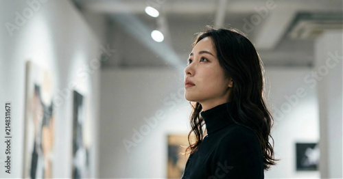 美術館で作品を鑑賞する黒タートルネックの女性