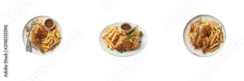 Konstfotografi Roasted chicken with french fries plate set isolated transparent background, gri