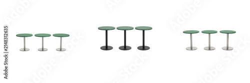Green round cafe bar table set isolated transparent background, modern pedestal bistro table 3D render collection, minimalist metal base stool vector PNG asset for restaurant and bar interior layout