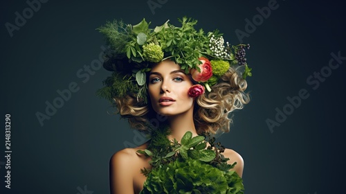 A beautiful woman wears a lush crown of fresh flowers and greenery atop her head.