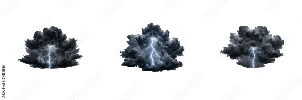Obraz premium Three Dark Storm Clouds with Lightning Bolt PNG Cutout | Thunderstorm Lightning Strike Row Set Isolated on Transparent Background for Game FX, Stormy Weather Poster, Dramatic Sky Graphic Asset