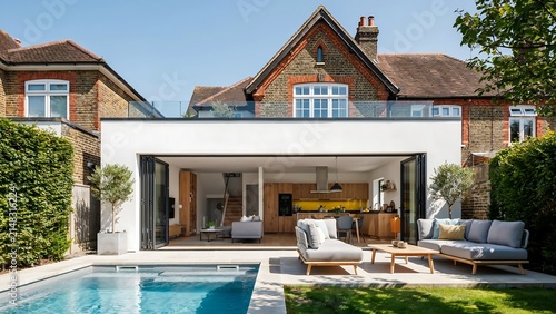 Modern Rear Extension with Open Plan Kitchen Living Space and Private Swimming Pool in a Sunny Residential Backyard Setting