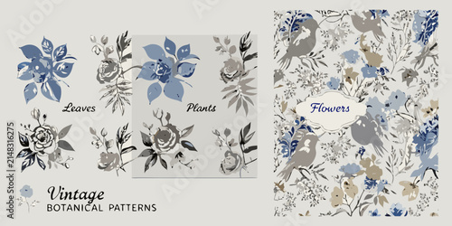 Fotografía Vintage botanical patterns featuring roses leaves and floral arrangements