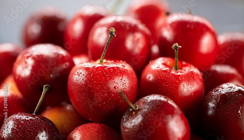 Close Up Of Freshly Picked Acerola Cherries With Water Droplets Showing Their Bright Red Color And Smooth Texture This Image Captures The Freshness Highlighting The Cherries Abundance Of Vitamin C