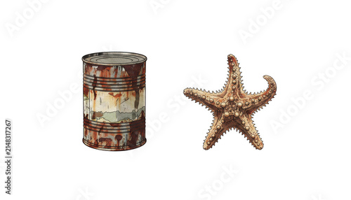 Rusty Metal Tin Can and a Textured Starfish