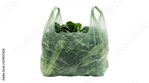 Green plastic bag filled with fresh raw vegetables on a transparent background PNG file
