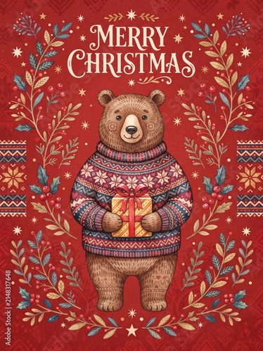 Merry Christmas Bear in Festive Sweater Holding Gift 