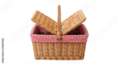 Wicker picnic basket with red checkered cloth liner on a transparent background PNG file