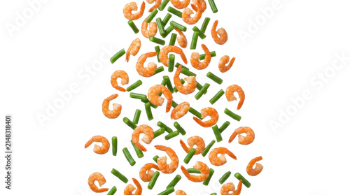 Prawns and green beans falling on a transparent background PNG file