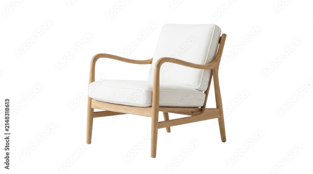 Obraz premium Modern lounge armchair with wooden frame and white cushion on a transparent background PNG file