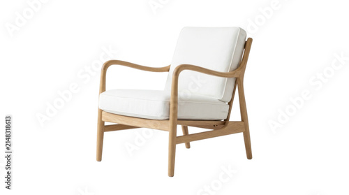 Modern lounge armchair with wooden frame and white cushion on a transparent background PNG file