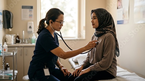 Professional doctor examining a muslim patient with a stethoscope