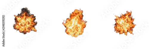 Quadro su tela Set of three fiery explosions and blazing fireballs with bright orange flames an