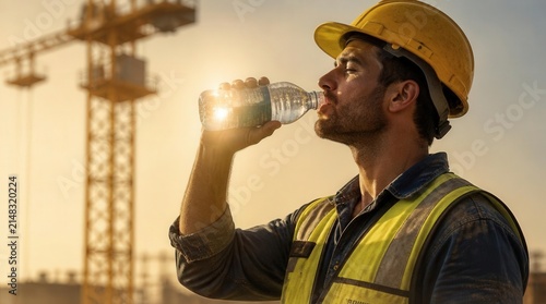 Warm profile shot of a thirsty worker drinking water at a sunny construction site.