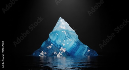 A sharp minimalist iceberg floats silently in deep black water under a dim light, showcasing geometric crystalline textures and blue hues, calm, geometry, black