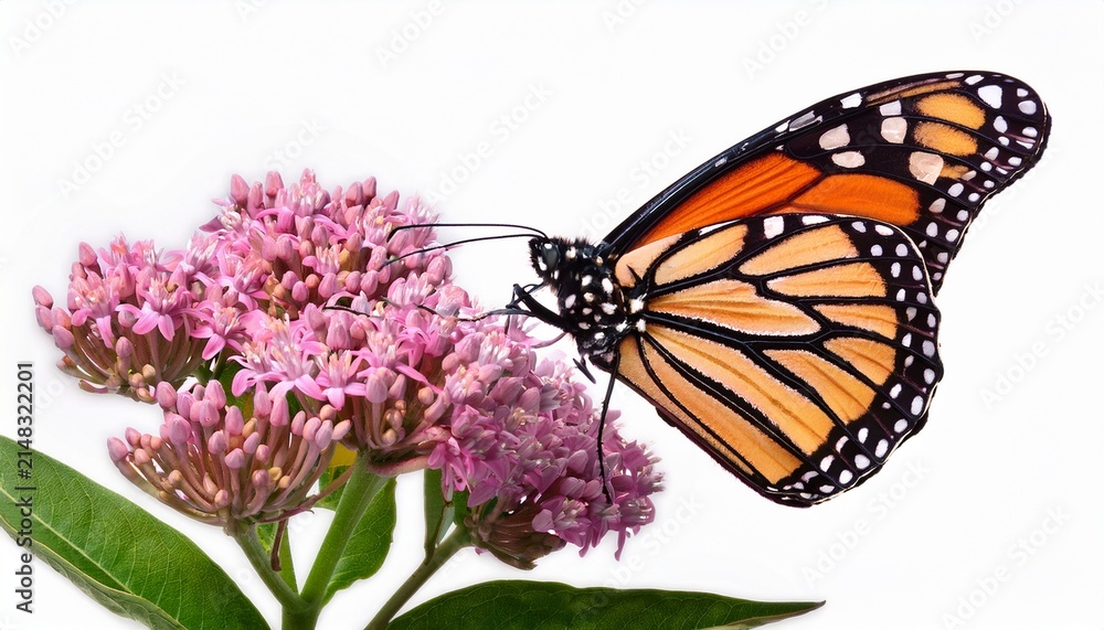 Obraz premium Monarch Butterfly Feeding On Pink Milkweed Flowers Realistic Detail Isolated On A White Background