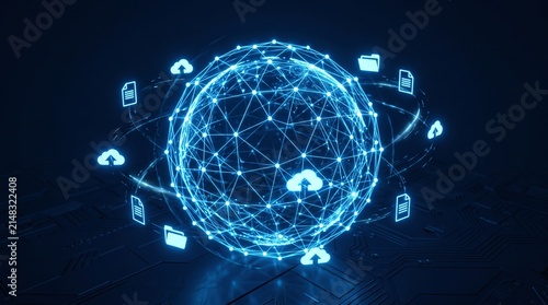 Futuristic digital network with cloud icons and data transmission