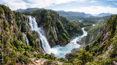 Majestic waterfall surrounded by lush green mountains and river