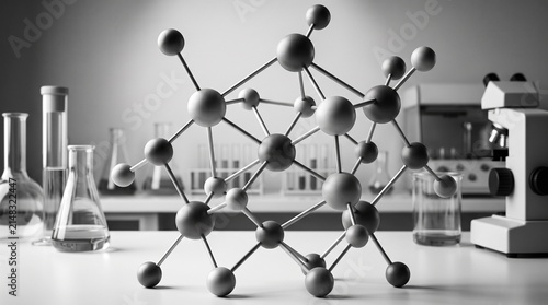 Abstract molecular structure with laboratory equipment in background