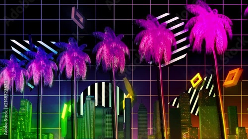 Retro futuristic neon cityscape with rainbow palm trees, glowing grid lines and geometric shapes creating a vibrant synthwave tropical metropolis.