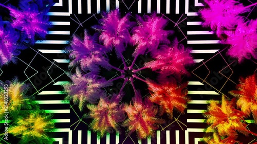 Psychedelic rainbow palm trees arranged in a circular formation with glowing geometric lines and bold retro futuristic patterns on a dark background.