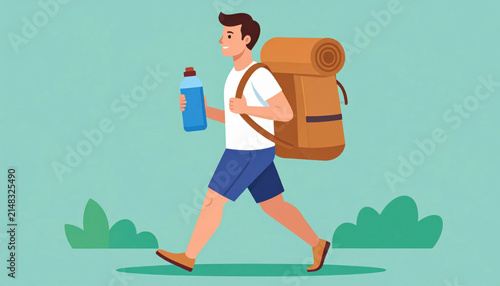 Man hiking with backpack and water bottle, outdoor travel concept