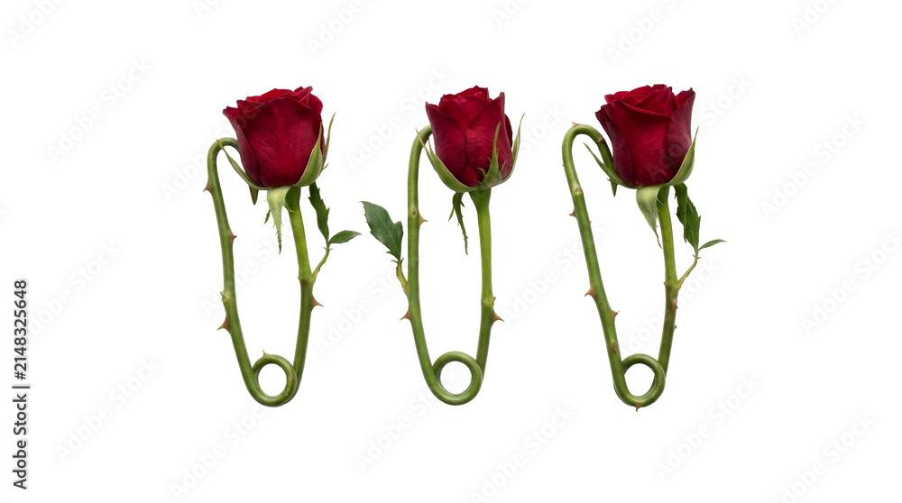 Obraz premium Creative red rose safety pins with green thorny stems on png background concept