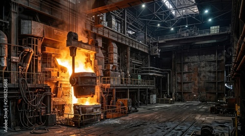 A massive furnace pours molten metal into a mold. The scene is a dark, industrial setting with a large, open space and a high, metal roof.