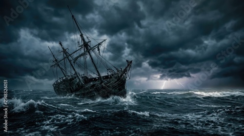 A dark, weathered sailing ship battles a violent storm at sea. Lightning flashes illuminate the turbulent waves and ominous clouds.