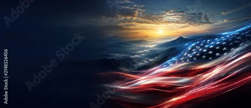 Panel kuchenny z motywem glowing american flag light trails flowing across mountain valley at golden sunrise under dramatic clouds