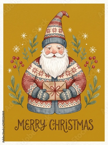 Beautiful Merry Christmas Holiday Card with Santa in Nordic Sweater
