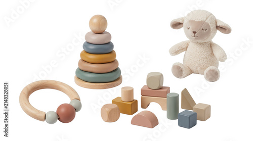 Eco-friendly wooden baby toys set, natural timber stacking rings and building blocks, soft plush lamb stuffed animal for nursery decor isolated PNG with Transparent Background