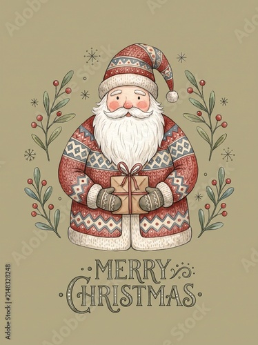 Merry Christmas Santa Illustration Holding Gift in Cozy Nordic Sweater Holiday Card Design