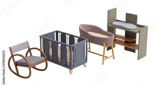 Modern nursery furniture set, wooden baby crib and bassinet, contemporary rocking chair and changing table for infant room interior isolated PNG with Transparent Background