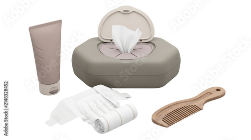 Baby care essentials set with wet wipes dispenser, cosmetic cream tube, wooden hair comb and soft cotton diapers, infant hygiene products isolated PNG with Transparent Background