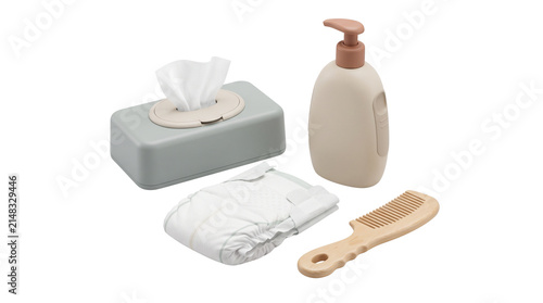 Minimalist baby care essentials set, neutral nursery hygiene products, infant diapering accessories with wet wipes and lotion bottle isolated PNG with Transparent Background