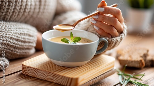 Hand in cozy sweater holding spoon, eating warm creamy soup from a bowl on wooden background, comfort food concept