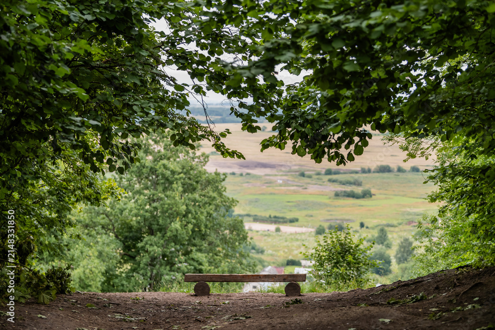 Obraz premium Wooden bench on the edge of a cliff overlooking a valley. Peaceful forest viewpoint with scenic rural landscape.