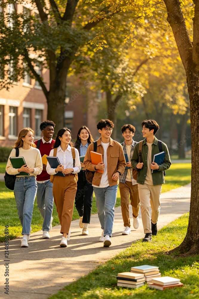 Obraz premium Group of University Students Walking Along Scenic Campus Path During Autumn Semester with Books