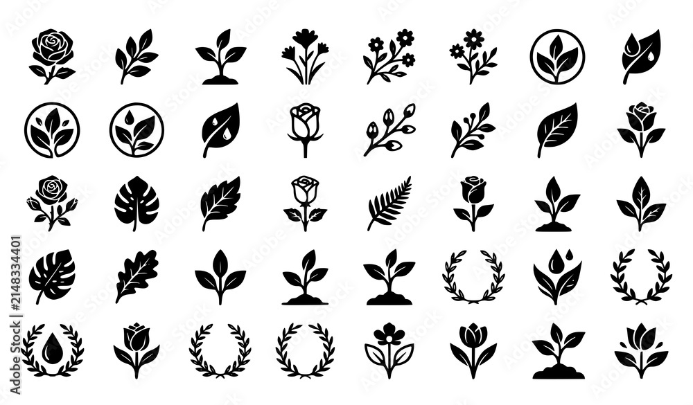 Fototapeta premium Rose Leaf Sprout Plant Vector Icon Collection